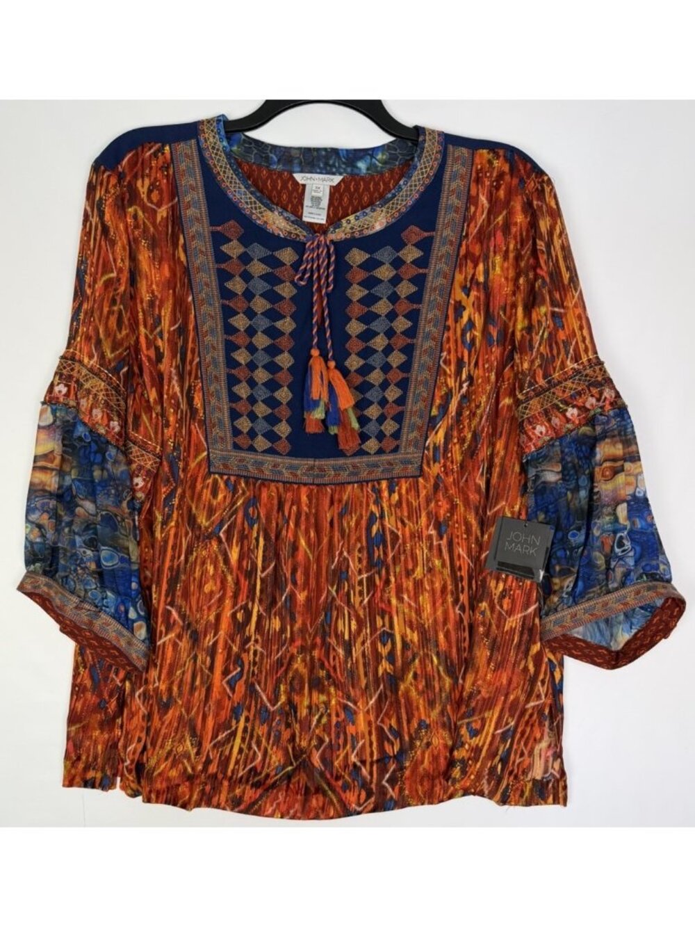 ⁠John Mark 3X Top Autumn Hues Embroidered Boho Tassel Tunic Blouse NWT $139